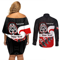 Personalised Te Reo Maori New Zealand Couples Matching Off Shoulder Short Dress and Long Sleeve Button Shirts Kia Haka Maori Fern With Tino Rangatiratanga LT14 - Polynesian Pride
