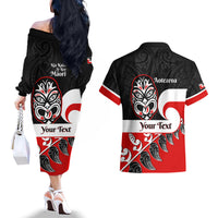Personalised Te Reo Maori New Zealand Couples Matching Off The Shoulder Long Sleeve Dress and Hawaiian Shirt Kia Haka Maori Fern With Tino Rangatiratanga LT14 - Polynesian Pride
