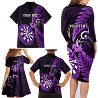 Personalised New Zealand Darts Family Matching Long Sleeve Bodycon Dress and Hawaiian Shirt Happiness Is A Tight Threesome Maori Purple LT14 - Polynesian Pride