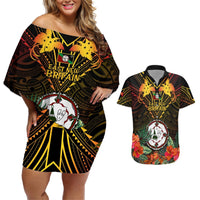 Papua New Guinea East New Britain Province Couples Matching Off Shoulder Short Dress and Hawaiian Shirt Papua Niugini Coat Of Arms With Flag Style LT14 Black - Polynesian Pride