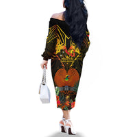 Papua New Guinea Southern Highlands Province Off The Shoulder Long Sleeve Dress Papua Niugini Coat Of Arms With Flag Style LT14 - Polynesian Pride