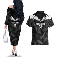 Custom New Zealand Silver Fern Football Couples Matching Off The Shoulder Long Sleeve Dress and Hawaiian Shirt Go Aotearoa Grunge Black - Polynesian Pride