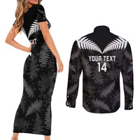 Custom New Zealand Silver Fern Football Couples Matching Short Sleeve Bodycon Dress and Long Sleeve Button Shirt Go Aotearoa Grunge Black - Polynesian Pride