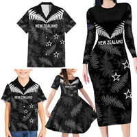 Custom New Zealand Silver Fern Football Family Matching Long Sleeve Bodycon Dress and Hawaiian Shirt Go Aotearoa Grunge Black - Polynesian Pride