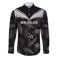 Custom New Zealand Silver Fern Football Family Matching Off The Shoulder Long Sleeve Dress and Hawaiian Shirt Go Aotearoa Grunge Black - Polynesian Pride