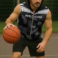 Custom New Zealand Silver Fern Football Sleeveless Zip Hoodie Go Aotearoa Grunge Black - Polynesian Pride