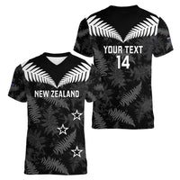 Custom New Zealand Silver Fern Football Women V-Neck T-Shirt Go Aotearoa Grunge Black - Polynesian Pride