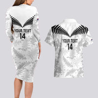 Custom New Zealand Silver Fern Football Couples Matching Long Sleeve Bodycon Dress and Hawaiian Shirt Go Aotearoa Grunge White - Polynesian Pride