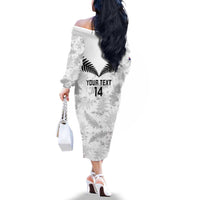 Custom New Zealand Silver Fern Football Family Matching Off The Shoulder Long Sleeve Dress and Hawaiian Shirt Go Aotearoa Grunge White - Polynesian Pride