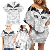 Custom New Zealand Silver Fern Football Family Matching Off Shoulder Short Dress and Hawaiian Shirt Go Aotearoa Grunge White - Polynesian Pride