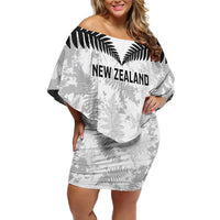Custom New Zealand Silver Fern Football Family Matching Off Shoulder Short Dress and Hawaiian Shirt Go Aotearoa Grunge White - Polynesian Pride