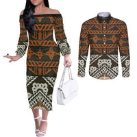 Bula Fiji Tapa Couples Matching Off The Shoulder Long Sleeve Dress and Long Sleeve Button Shirt Fijian Masi Vintage Vibes - Polynesian Pride