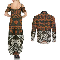 Bula Fiji Tapa Couples Matching Summer Maxi Dress and Long Sleeve Button Shirt Fijian Masi Vintage Vibes - Polynesian Pride