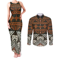 Bula Fiji Tapa Couples Matching Tank Maxi Dress and Long Sleeve Button Shirt Fijian Masi Vintage Vibes - Polynesian Pride