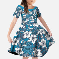 Karakarawa Bula Fiji Family Matching Puletasi and Hawaiian Shirt Fijian Tapa Seamless Hibiscus LT14 Daughter's Dress Blue - Polynesian Pride