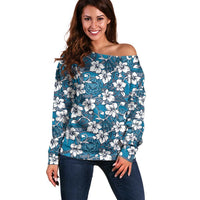 Karakarawa Bula Fiji Off Shoulder Sweater Fijian Tapa Seamless Hibiscus LT14 Women Blue - Polynesian Pride