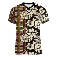 Bula Fiji Masi Women V-Neck T-Shirt Tapa Tropical Hibiscus Half Stylized LT14 Female Brown - Polynesian Pride