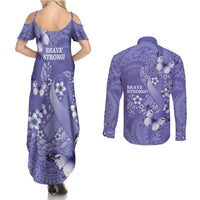 Polynesia Stomach Cancer Awareness Couples Matching Summer Maxi Dress and Long Sleeve Button Shirt Periwinkle Ribbon Brave Strong!