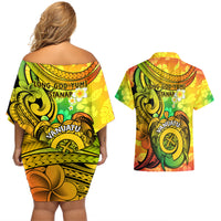 Halo Vanuatu Couples Matching Off Shoulder Short Dress and Hawaiian Shirt Sand Drawing Turtle Polynesian Tropical Flowers LT14 - Polynesian Pride