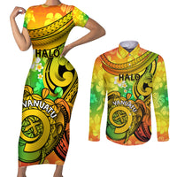 Halo Vanuatu Couples Matching Short Sleeve Bodycon Dress and Long Sleeve Button Shirt Sand Drawing Turtle Polynesian Tropical Flowers LT14 Reggae - Polynesian Pride