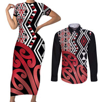 New Zealand Couples Matching Short Sleeve Bodycon Dress and Long Sleeve Button Shirt Aotearoa Kowhaiwhai Mix Taniko Art - Red