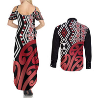 New Zealand Couples Matching Summer Maxi Dress and Long Sleeve Button Shirt Aotearoa Kowhaiwhai Mix Taniko Art - Red