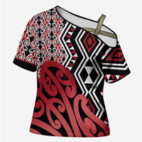 New Zealand Cross Shoulder Shirt Aotearoa Kowhaiwhai Mix Taniko Art - Red - Polynesian Pride