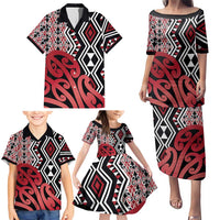 New Zealand Family Matching Puletasi and Hawaiian Shirt Aotearoa Kowhaiwhai Mix Taniko Art - Red