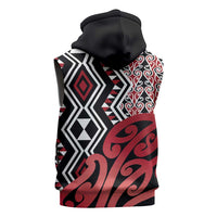 New Zealand Sleeveless Zip Hoodie Aotearoa Kowhaiwhai Mix Taniko Art - Red - Polynesian Pride