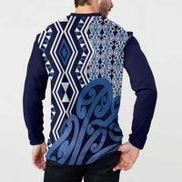 New Zealand Button Sweatshirt Aotearoa Kowhaiwhai Mix Taniko Art - Blue