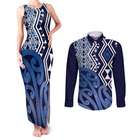 New Zealand Couples Matching Tank Maxi Dress and Long Sleeve Button Shirt Aotearoa Kowhaiwhai Mix Taniko Art - Blue