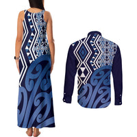 New Zealand Couples Matching Tank Maxi Dress and Long Sleeve Button Shirt Aotearoa Kowhaiwhai Mix Taniko Art - Blue