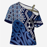 New Zealand Cross Shoulder Shirt Aotearoa Kowhaiwhai Mix Taniko Art - Blue - Polynesian Pride