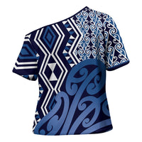 New Zealand Cross Shoulder Shirt Aotearoa Kowhaiwhai Mix Taniko Art - Blue - Polynesian Pride