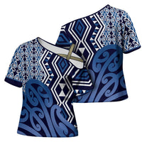 New Zealand Cross Shoulder Shirt Aotearoa Kowhaiwhai Mix Taniko Art - Blue - Polynesian Pride