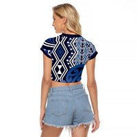 New Zealand Raglan Cropped T Shirt Aotearoa Kowhaiwhai Mix Taniko Art - Blue