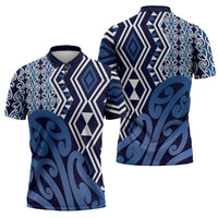 New Zealand Zipper Polo Shirt Aotearoa Kowhaiwhai Mix Taniko Art - Blue - Polynesian Pride