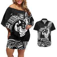 Black Hawaii Ikaika Warrior Couples Matching Off Shoulder Short Dress and Hawaiian Shirt Hawaiian Power