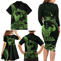 Green Hawaii Ikaika Warrior Family Matching Long Sleeve Bodycon Dress and Hawaiian Shirt Hawaiian Power