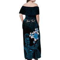 Personalised Hawaii King Kamehameha Day Family Matching Off Shoulder Maxi Dress and Hawaiian Shirt Plumeria With Kakau Pattern - Blue