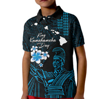 Personalised Hawaii King Kamehameha Day Kid Polo Shirt Plumeria With Kakau Pattern - Blue