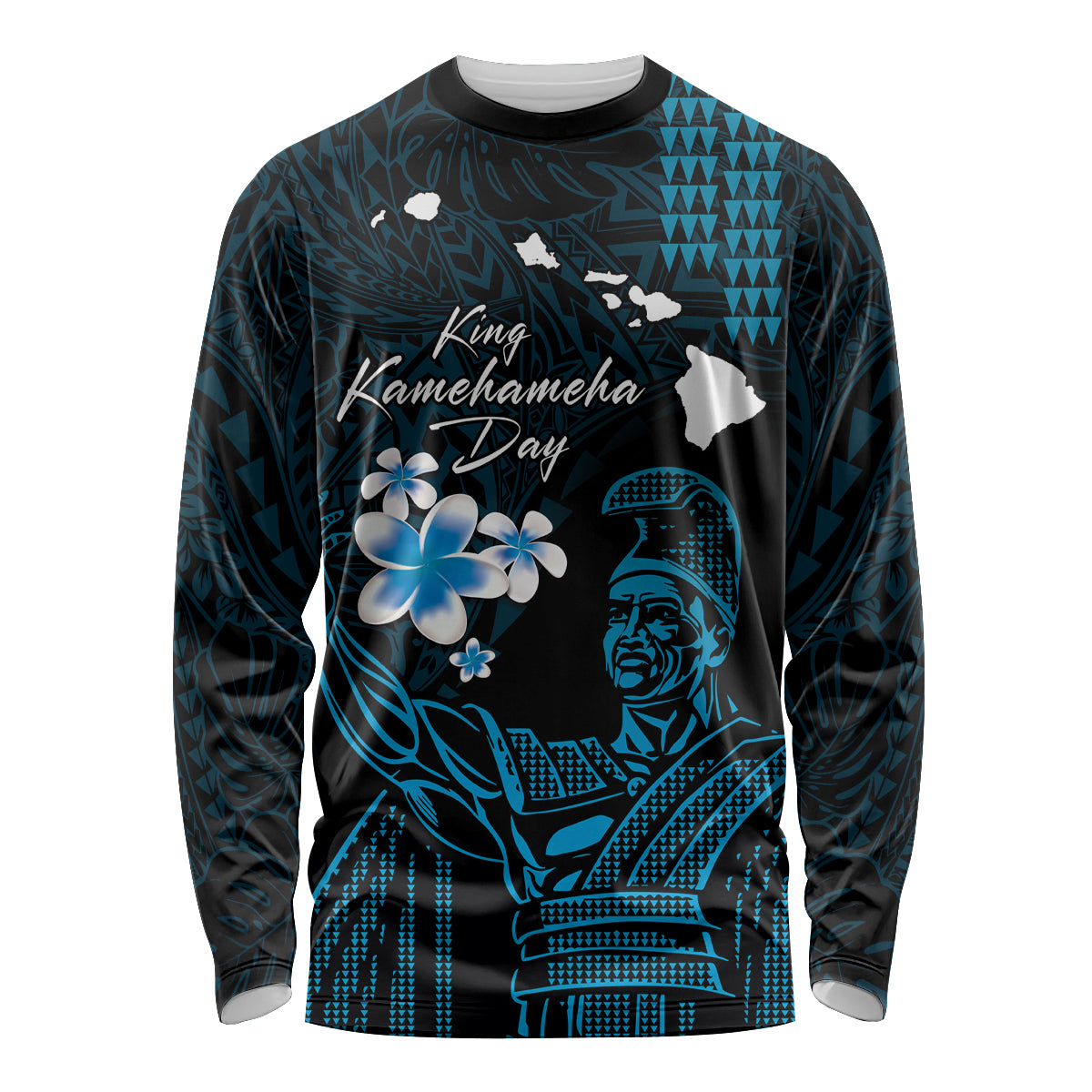 Personalised Hawaii King Kamehameha Day Long Sleeve Shirt Plumeria With Kakau Pattern - Blue