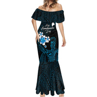 Personalised Hawaii King Kamehameha Day Mermaid Dress Plumeria With Kakau Pattern - Blue