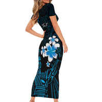 Personalised Hawaii King Kamehameha Day Short Sleeve Bodycon Dress Plumeria With Kakau Pattern - Blue