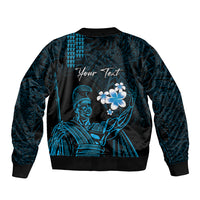 Personalised Hawaii King Kamehameha Day Sleeve Zip Bomber Jacket Plumeria With Kakau Pattern - Blue