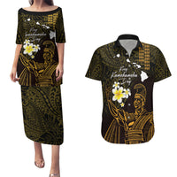 Personalised Hawaii King Kamehameha Day Couples Matching Puletasi and Hawaiian Shirt Plumeria With Kakau Pattern - Gold