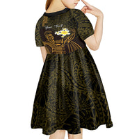 Personalised Hawaii King Kamehameha Day Kid Short Sleeve Dress Plumeria With Kakau Pattern - Gold