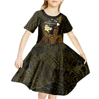 Personalised Hawaii King Kamehameha Day Kid Short Sleeve Dress Plumeria With Kakau Pattern - Gold