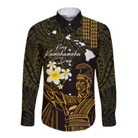 Personalised Hawaii King Kamehameha Day Long Sleeve Button Shirt Plumeria With Kakau Pattern - Gold