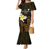 Personalised Hawaii King Kamehameha Day Mermaid Dress Plumeria With Kakau Pattern - Gold LT14 Women Gold - Polynesian Pride